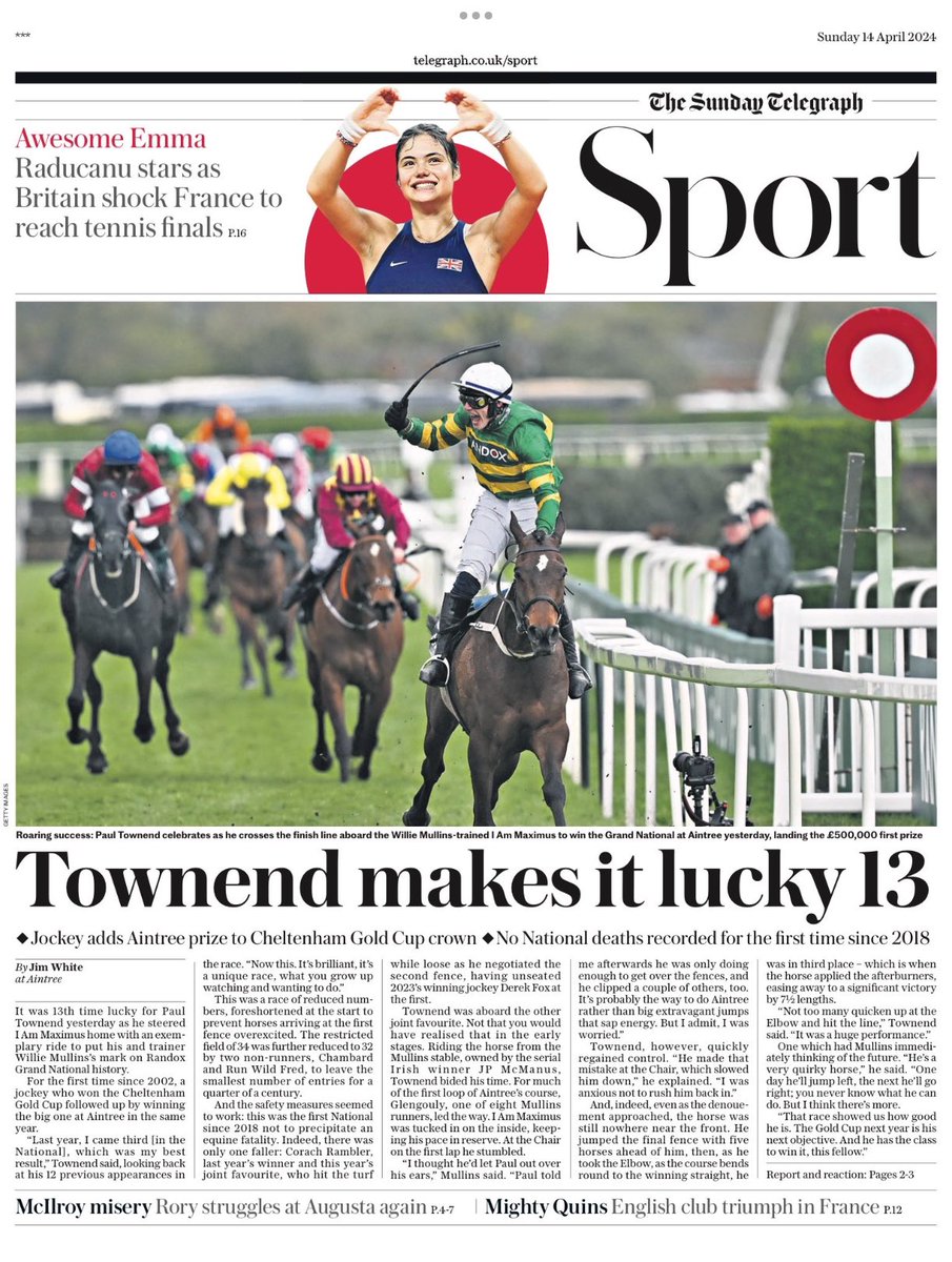 Introducing #TomorrowsPapersToday back page from: #SundayTelegraph Townend makes it lucky 13 Check out tscnewschannel.com/the-press-room… for a full range of newspapers. #journorequest #newspaper #buyapaper #news #buyanewspaper