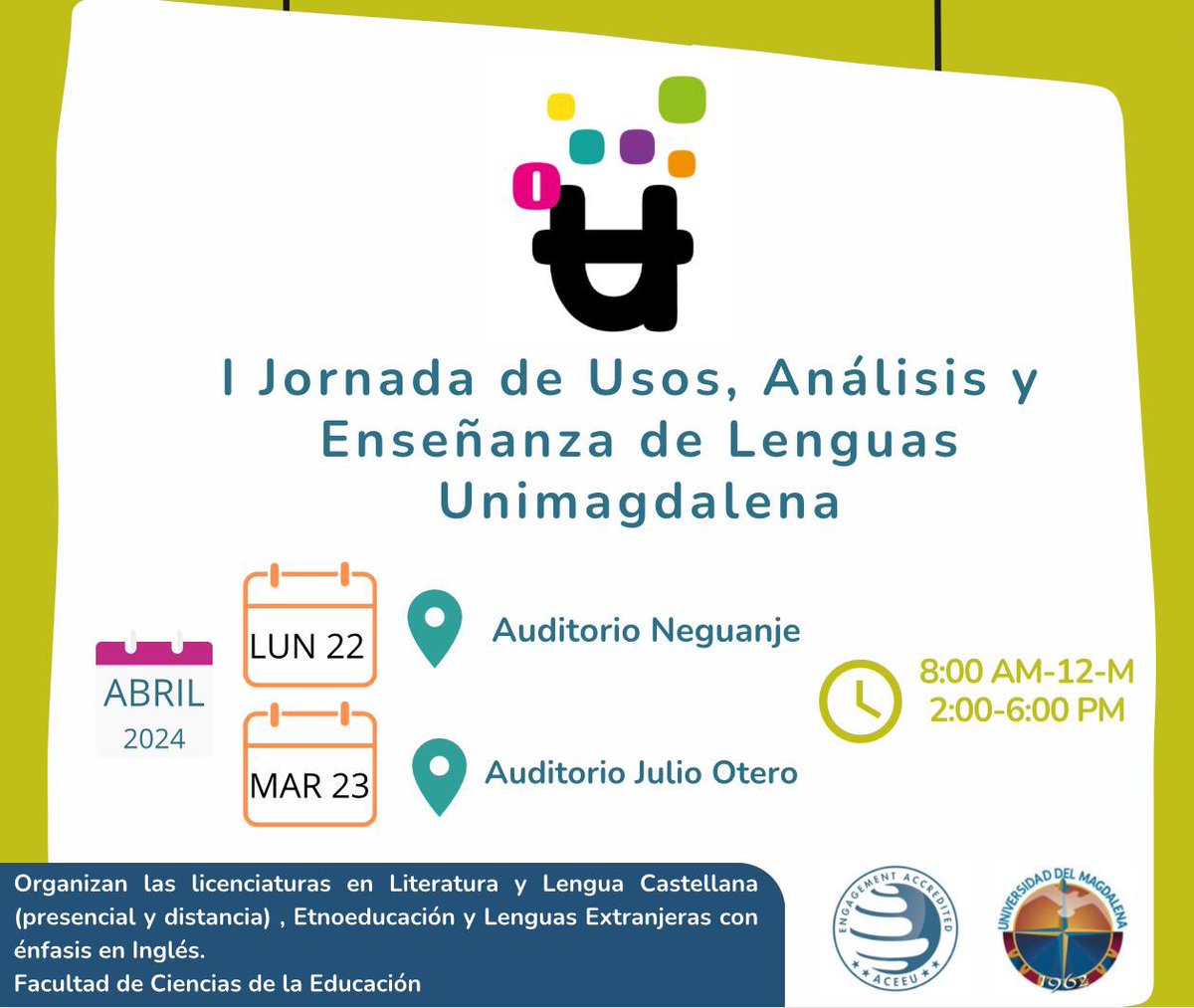 agfre90's tweet image. Los esperamos este 22 y 23 de abril en @Unimagdalena . Entrada libre hasta completar aforo. En breve les compartiremos la programación. 📰🚨