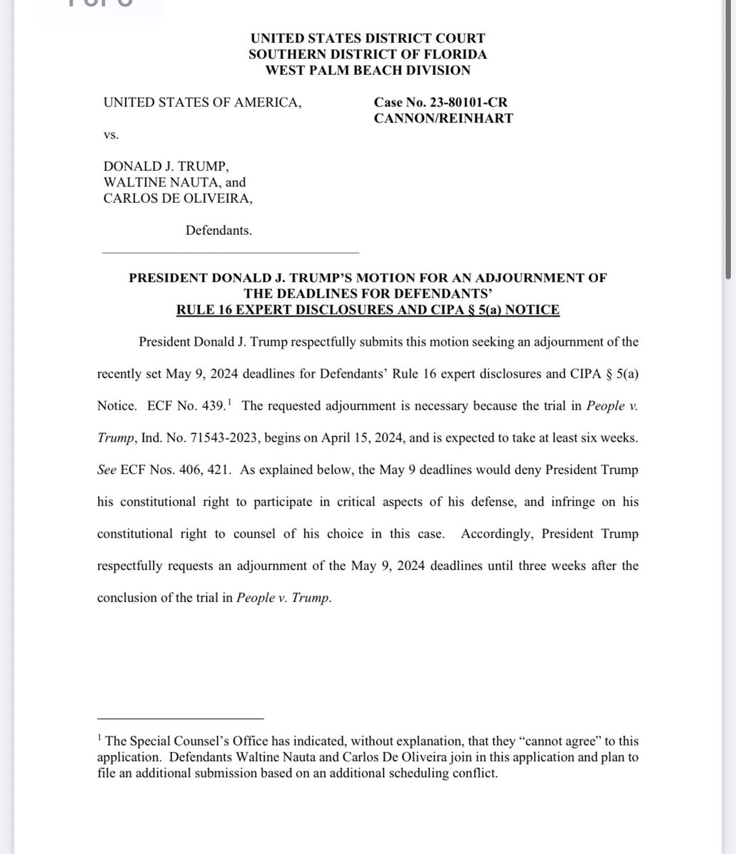 Trump moves to delay May 9 deadline Judge Cannon set for the filing of his CIPA Section 5 notice in the classified docs case. Trump says a delay is necessary bc he’ll be on trial in NY starting Monday. He wants the deadline moved to 3 weeks after conclusion of the NY trial.