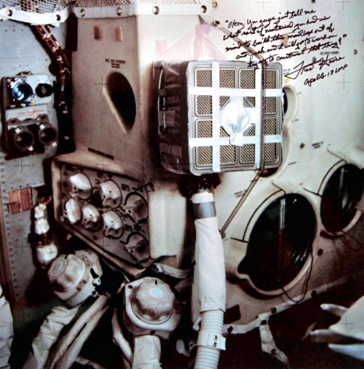 The world’s most famous carbon dioxide absorber! 'Okay. You guys just tell me what sort of material you had in mind to build this mailbox out of and Jack and I will go to work on trying to construct that thing.' #Apollo13 April 14, 1970 contactlight.de
