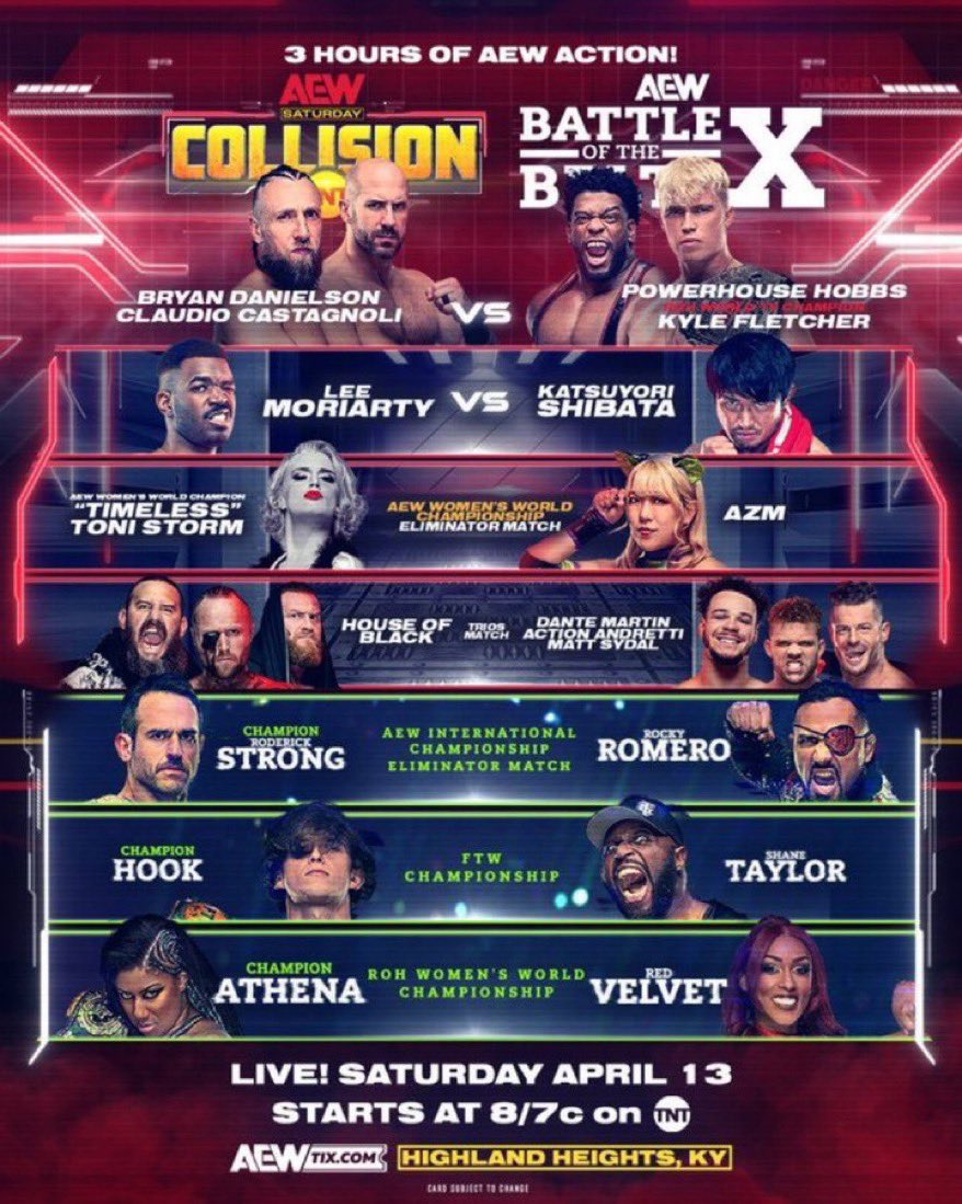 Saturday night's alright for fightin'! And tonight you get 3 hours of it! @AEW #Collision & #BOTB TONIGHT!!!!! Action starts at 8pm EST on @tntdrama