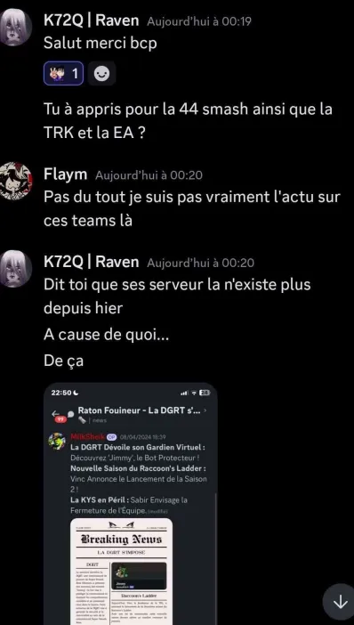 Tava_Team's tweet photo. Bonjour

Une rumeur disant que Jimmy est utiliser pour supprimer des serveurs se propage

Snifit fait ca avec un DC
il sait que le bot contient de quoi l'empêcher de RAID des serveurs, alors il a peur

La TRK et la EA n'existent pas
La C44 n'a pas été supprimer par notre action https://t.co/2WFcpD3Vir