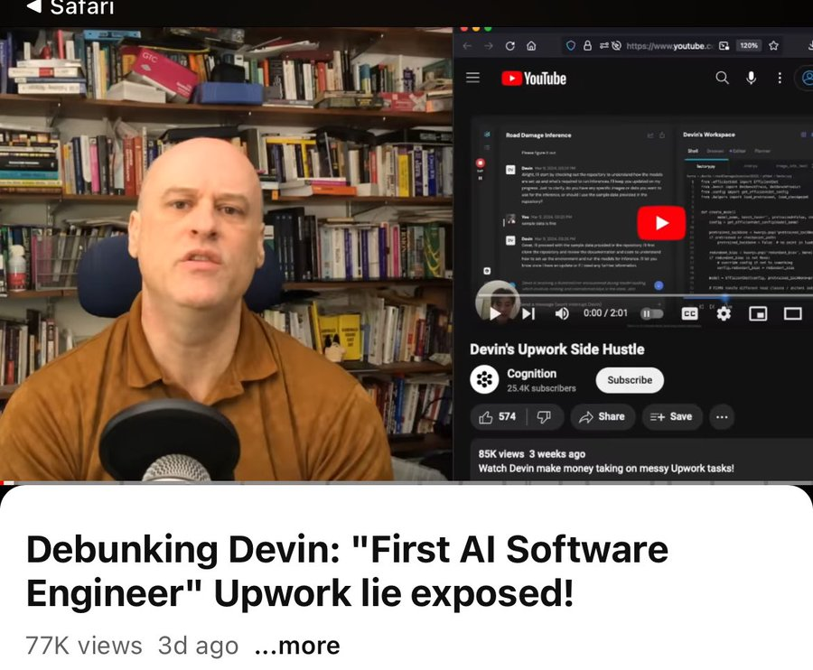AI Mythbusting: Devin is a LIE. Developer jobs are SAFE.

Check the video from Internet of Bugs, share for awareness.