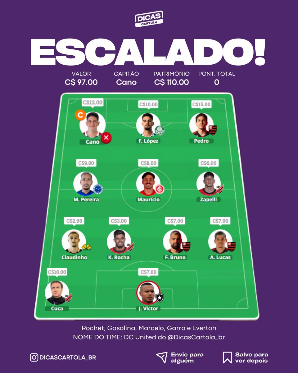 DicasCartolaBR's tweet photo. SAIU A ESCALAÇÃO
Time principal da página escalado e com CANO de Capitão, quantos estão em seu time?
#CartolaFC #CartolaExpress #ReiDoPitaco https://t.co/vBx854FCLT