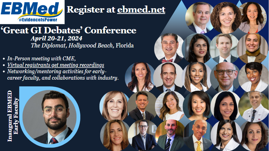 🥰Honored to join the inaugural #EBMED conference (Apr 20-21) as an early faculty this year! #EBMED is offering opportunities to learn & network with GI experts. Can't make it? Registration offers future free recordings! ebmed.net