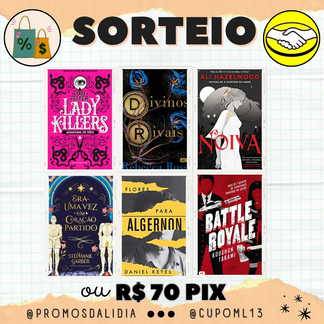 ⚡ SORTEIO EM PARCERIA 🏆 Prêmio: R$ 70 em livros da sua escolha ou pix ⤵️ REGRAS: → Seguir @promosdalidia e @CupomL13 → Dar RT nesse tweet (sem citar) → Comentar o prêmio desejado 📆 Resultado: 23/04