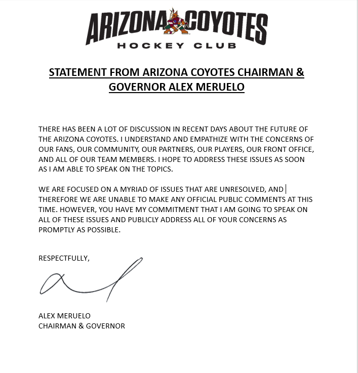 ArizonaCoyotes's tweet photo. Statement from Arizona Coyotes Chairman and Governor Alex Meruelo. https://t.co/VFx9KlaKvy