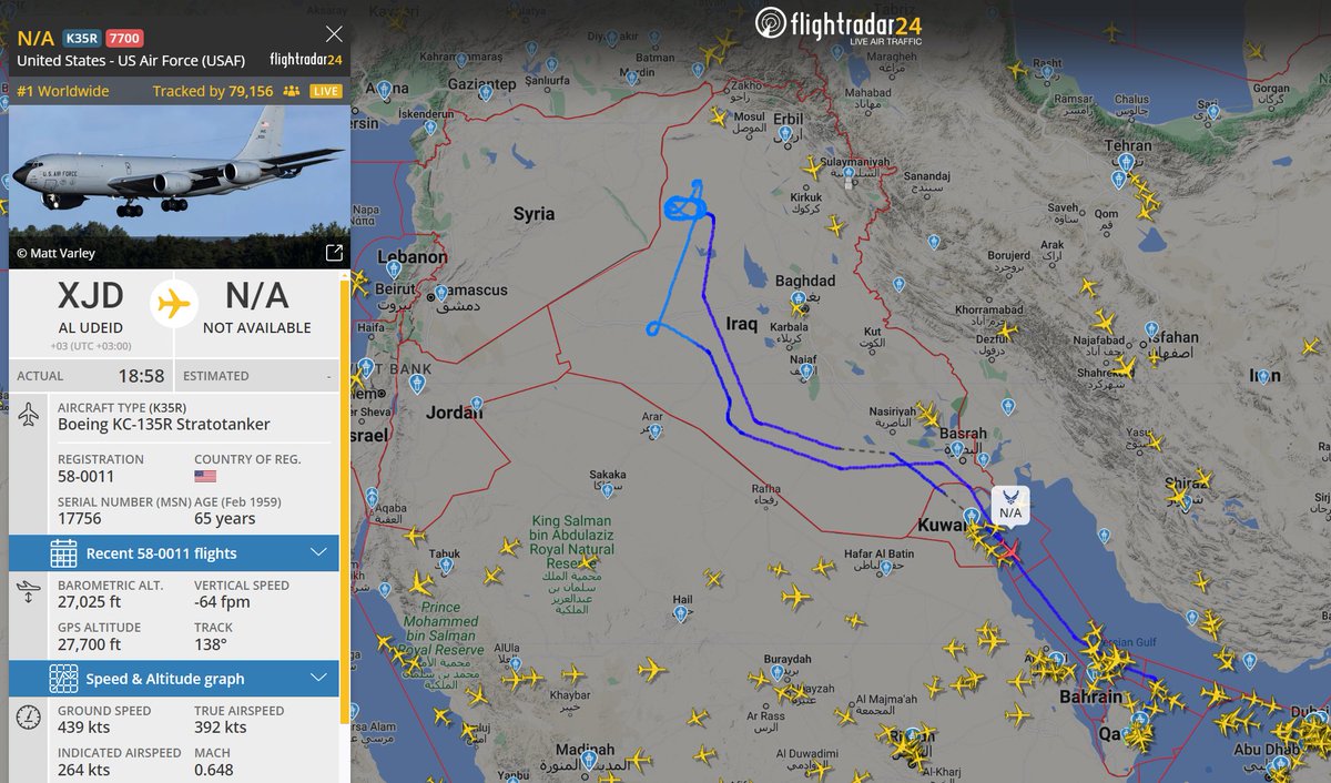 A US Air Force Stratotanker is squawking 7700 (emergency) after flying over Iraq. flightradar24.com/34c209b5