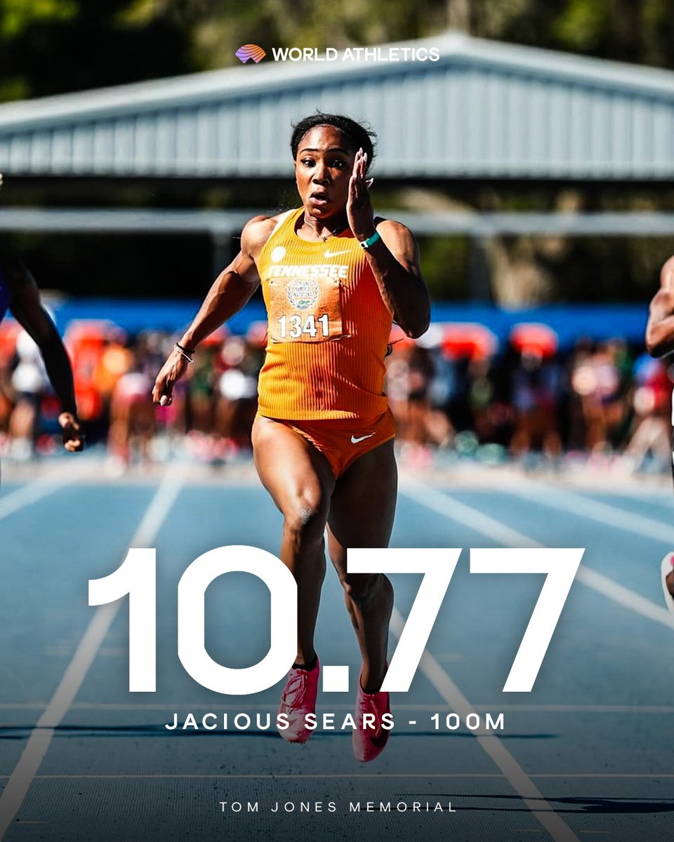 New kid on the block 🤯 🇺🇸's Jacious Sears storms to 10.77 in Gainesville. World lead ✅ Second fastest collegiate athlete in history ✅ 📸 @Vol_Sports - Cayce Smith