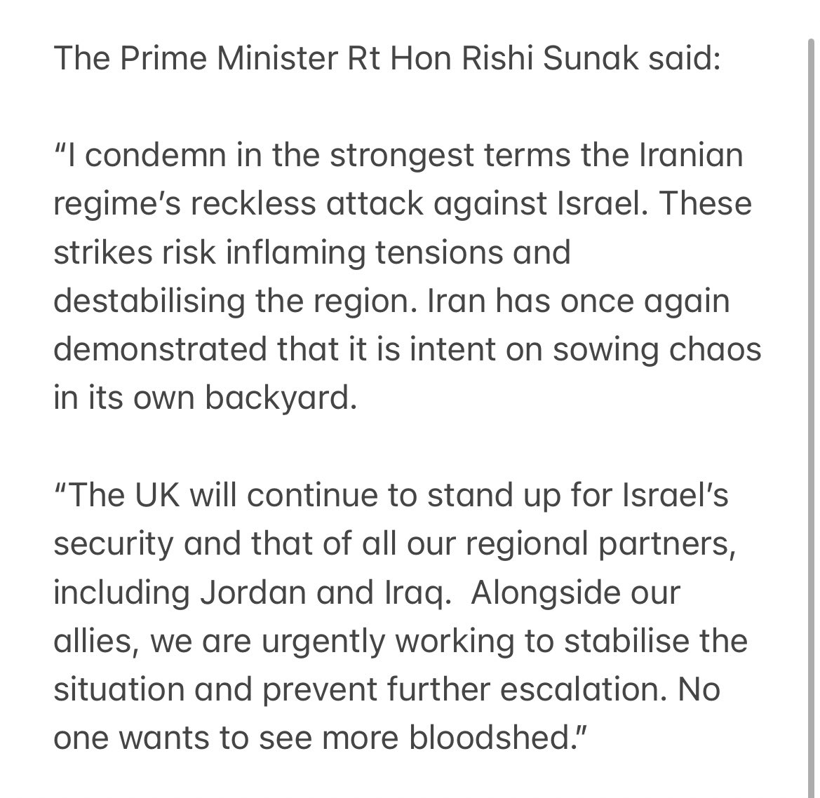 NEW: Statement from No 10: PM “condemns in strongest terms the Iranian regime’s reckless attack”. Says “urgently working” with allies to prevent further escalation