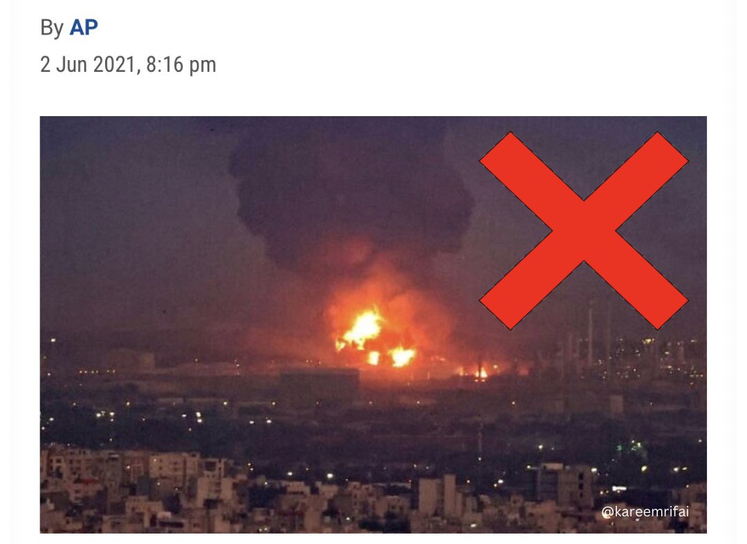 KareemRifai's tweet image. FACT CHECK: This image being shared of an "explosion in Tehran" is actually an oil refinery fire from 2021.