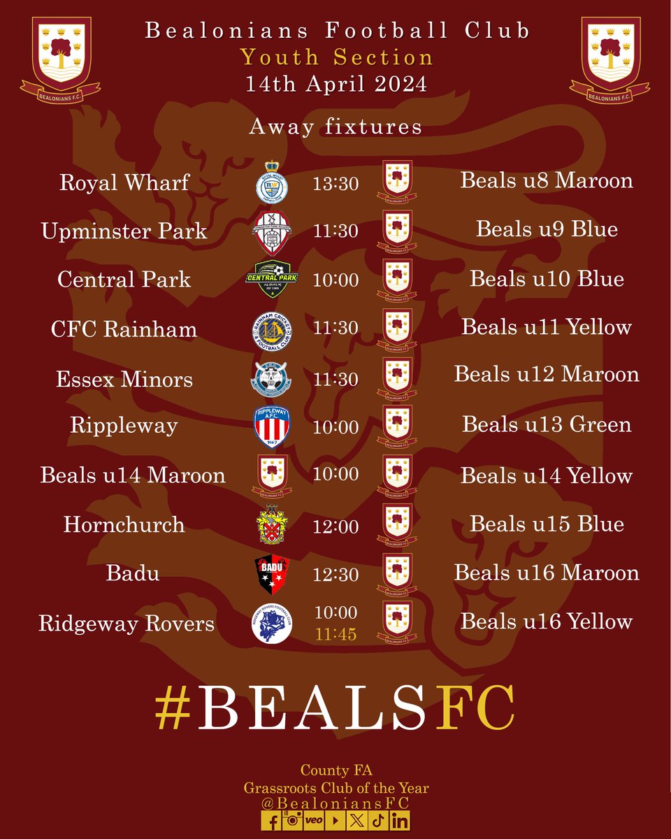 #Youth #fixtures #ontheroad this weekend. #BealsFC #Grassrootsfootball #Football #Footballforall #Weonlydopositive #Essex #London #youth #youthfootball #kids #children #young #getinvolved