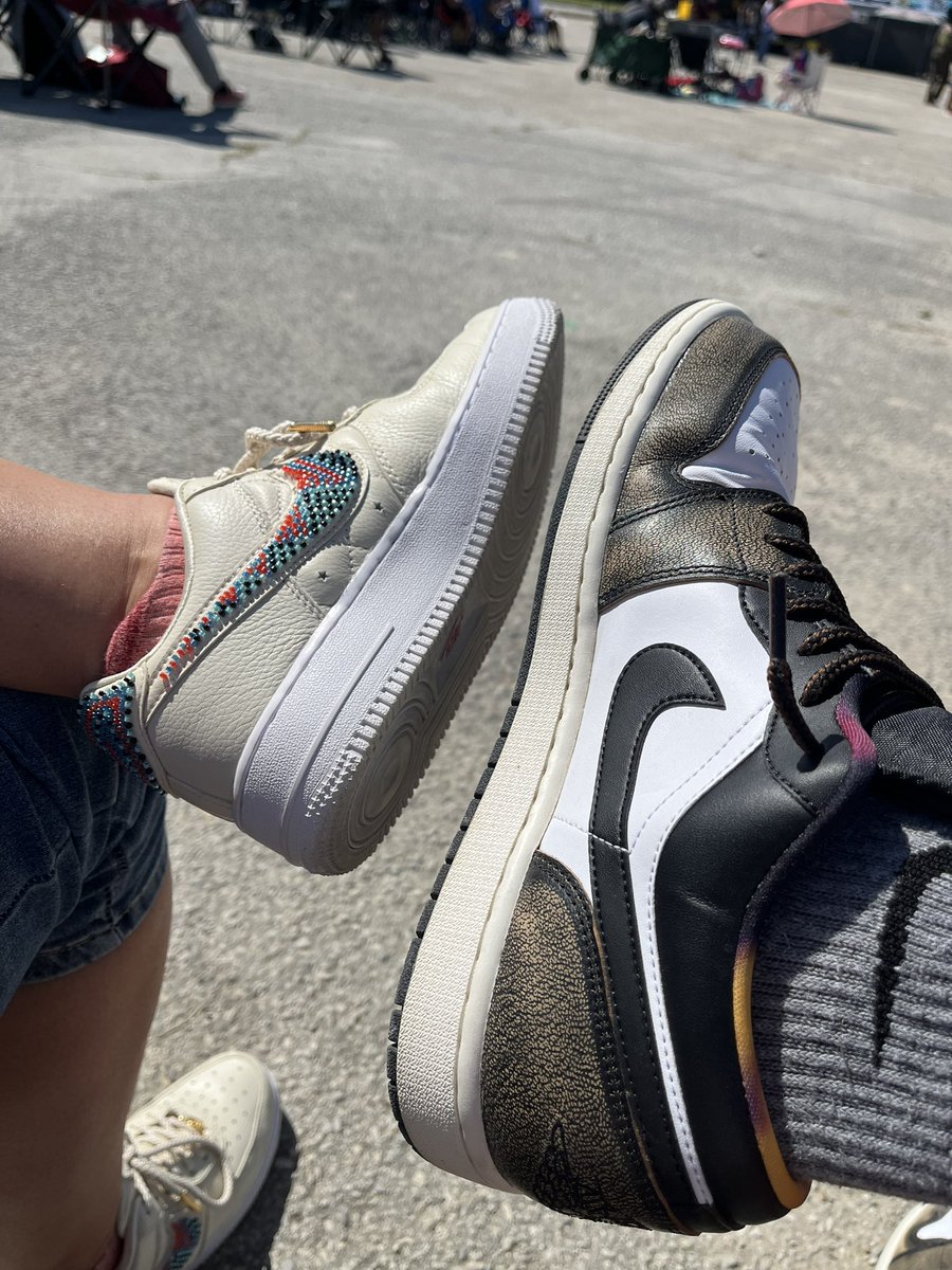 Got my trusty Jordan 1 Low SEs that match everything and I can beat up. @movetoloveyou in her #AirForce1 Bella’s with beaded swoosh. So good! #sneakers #sneakerhead #kotd