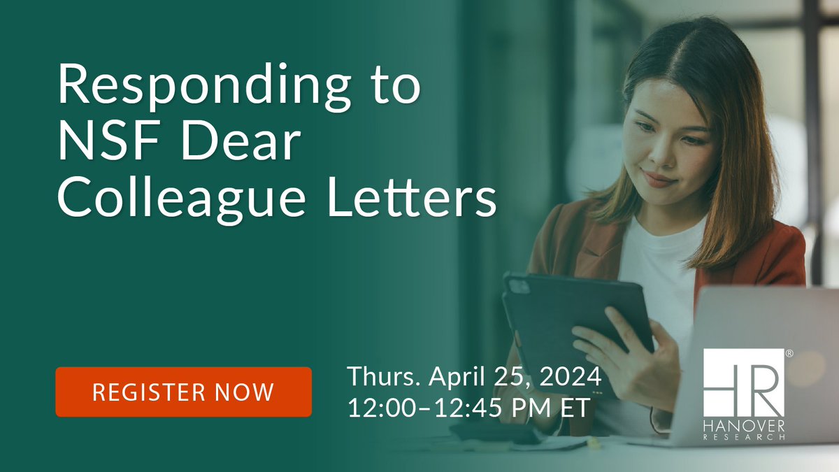 Don't miss our upcoming webinar on understanding Dear Colleague Letters from the National Science Foundation (NSF). Register today to align your #grant proposals with NSF's areas of special interest and increase your chances of success hubs.ly/Q02sjXhC0