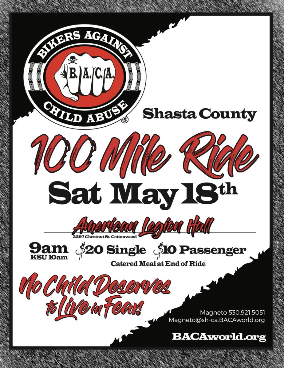 Shasta County #100mileride #bikersagainstchildabuse #onebaca #ride #awareness #bike #bikers #motorcycle