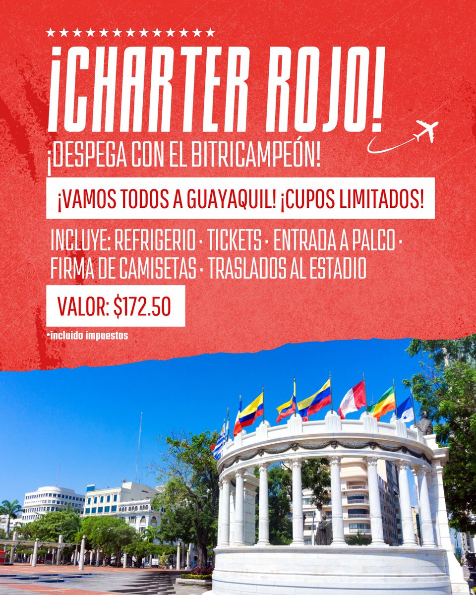 CHÁRTER ROJO 🛫 🔴 ¡Acompaña al BiTricampeón para el partido contra Barcelona! 📍Boleto aéreo 📍Entrada al partido 📍Firma de camisetas 📍Traslados 📍Refrigerio ¡Cupos Limitados! Hasta el 17 de abril 💰Valor: 💲172.50 Reserva aquí 📲 bit.ly/3JkHAWE