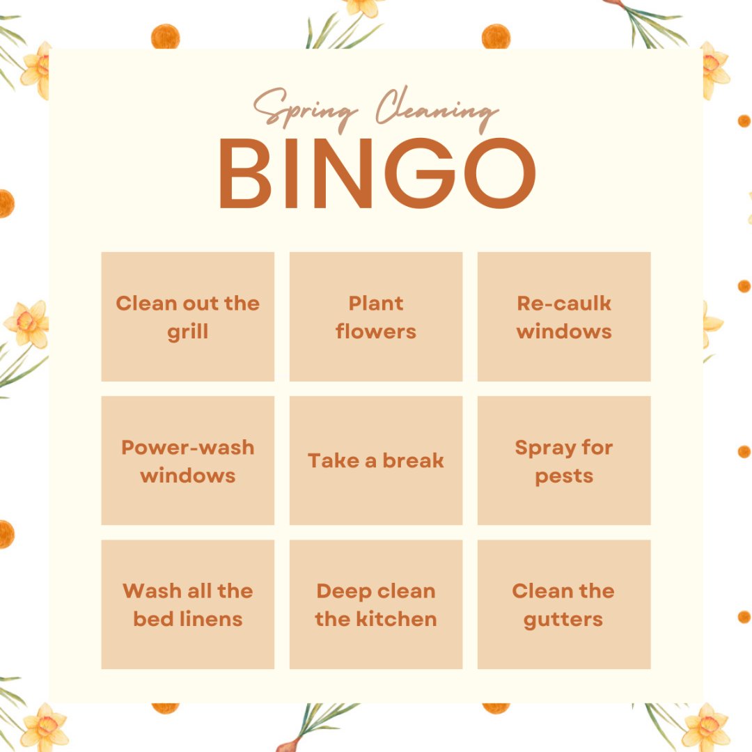 A clean home is a happy home! 

This bingo also pairs as a checklist to remind you of some cleaning tasks to tackle. Happy cleaning!

#springcleaning #bingo #cleanhouse #housecleaning #interior #exterior #refresh #DashSellsHomes #SparksNV #SparksRealEstate