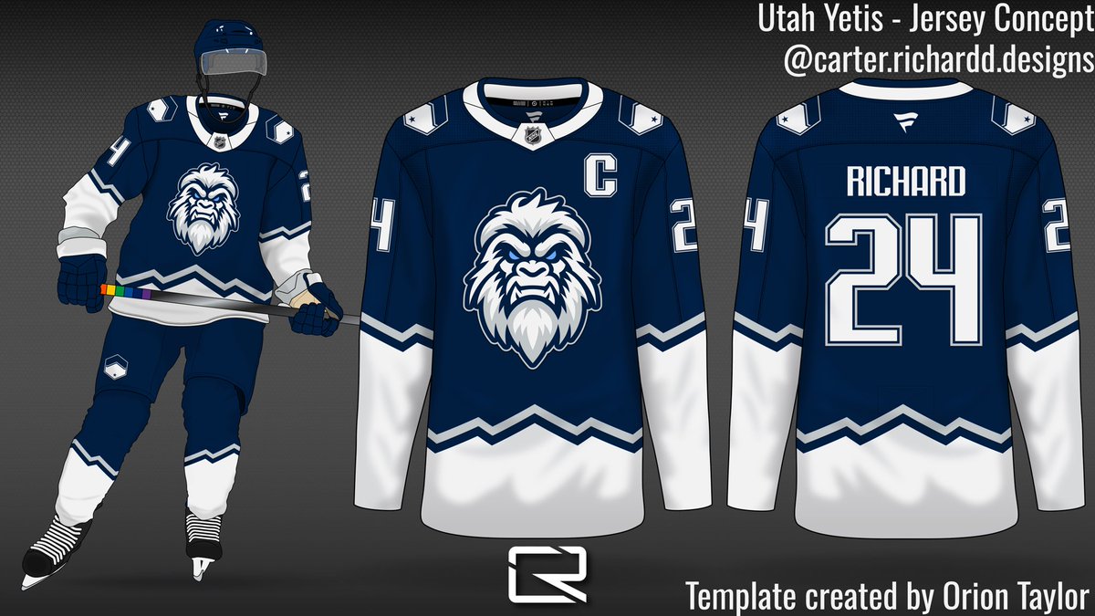 carterrichardd's tweet photo. My next batch of Utah NHL concepts:
I picked the name Yetis to fit with the mountains found in the state. The striping and shoulder logo comes from their new flag. Thoughts? 
@NHL @icethetics #Yotes #NHL #NHLUtah #NHLSaltLake https://t.co/f1Ie14Tx4E