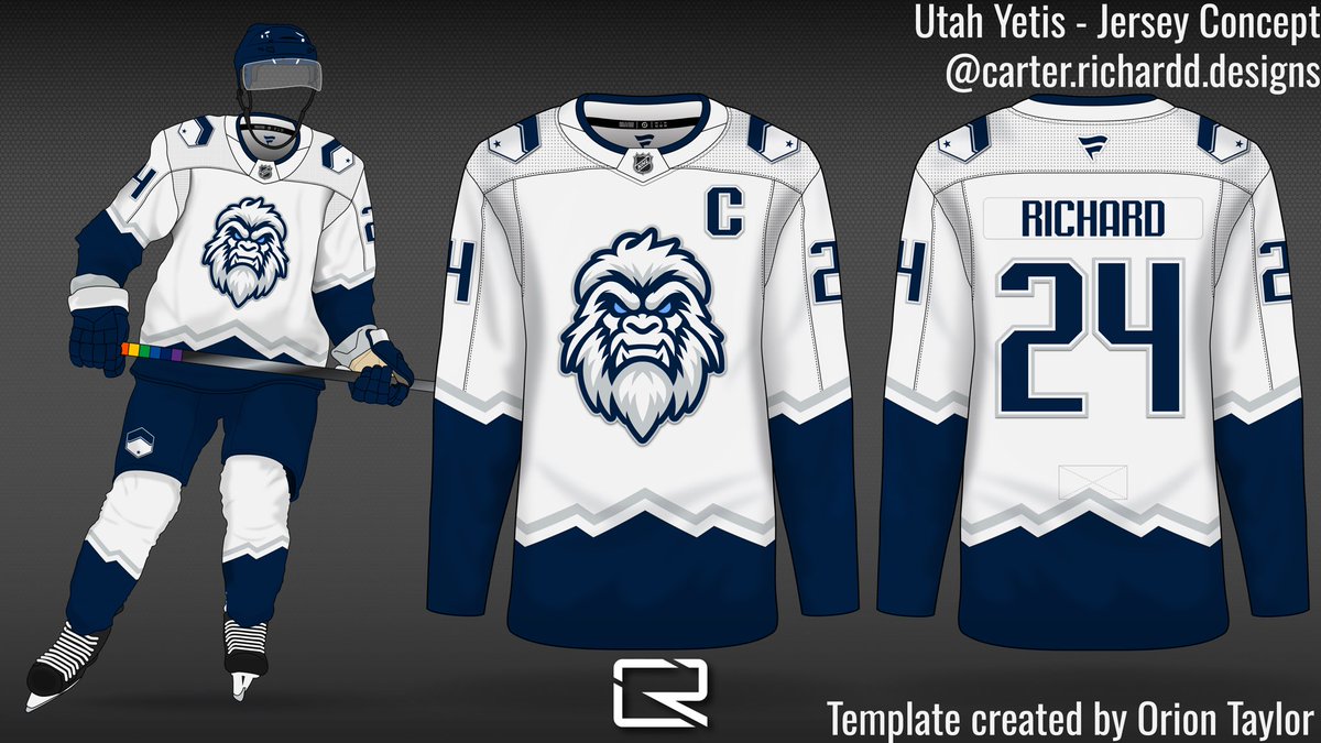 carterrichardd's tweet photo. My next batch of Utah NHL concepts:
I picked the name Yetis to fit with the mountains found in the state. The striping and shoulder logo comes from their new flag. Thoughts? 
@NHL @icethetics #Yotes #NHL #NHLUtah #NHLSaltLake https://t.co/f1Ie14Tx4E