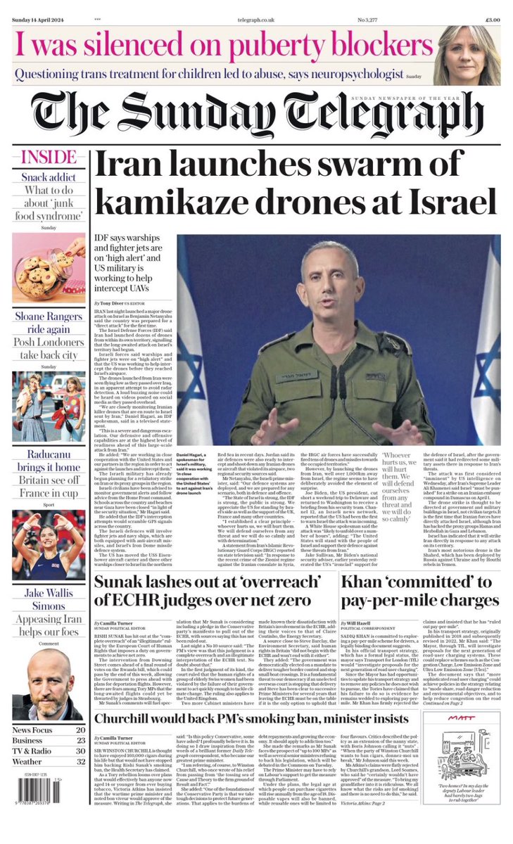Introducing #TomorrowsPapersToday from: #SundayTelegraph second edition Iran launches swarm of drones at Israel Check out tscnewschannel.com/the-press-room… for a full range of newspapers. #journorequest #newspaper #buyapaper #news #buyanewspaper