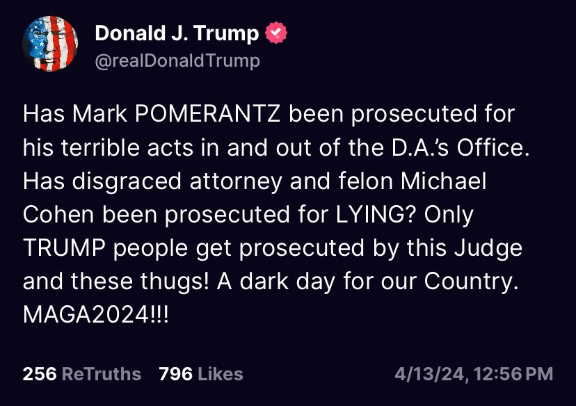 Michael Cohen was prosecuted for lying. He was also prosecuted for making an illegal campaign contribution by paying off Stormy Daniels, which he did at your behest, Mr. Trump.