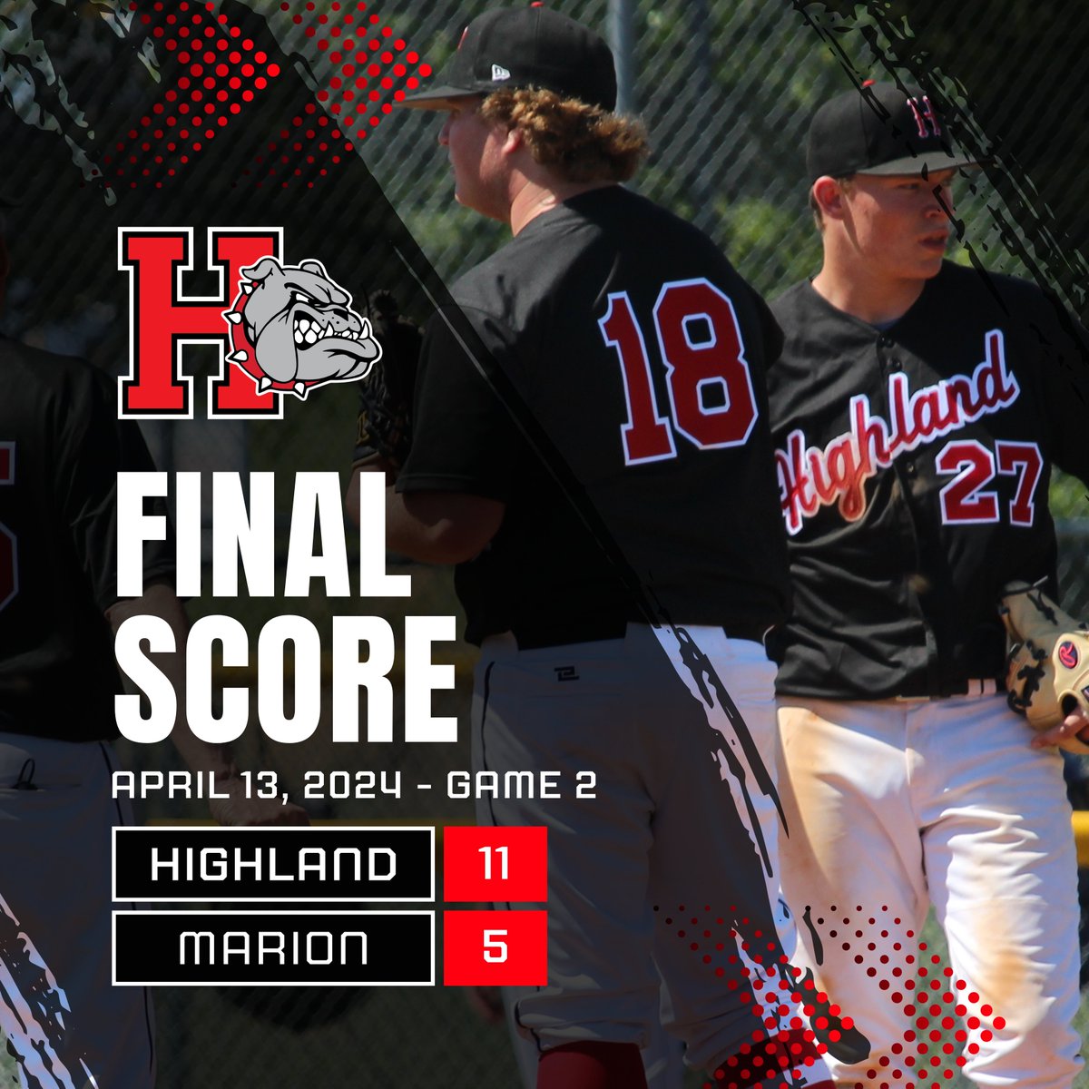 The Bulldogs pounded out 13 hits and 11 runs to beat Marion 11-5 in game two on Saturday. Alex Howard struck out 6 in four innings of work on the mound. @GarrinStone stayed hot with 4 hits and 3 RBIs, @ChaseKnebel with 2 hits and 2 RBIs and @TreyKoishor with 2 hits and 1 RBI.