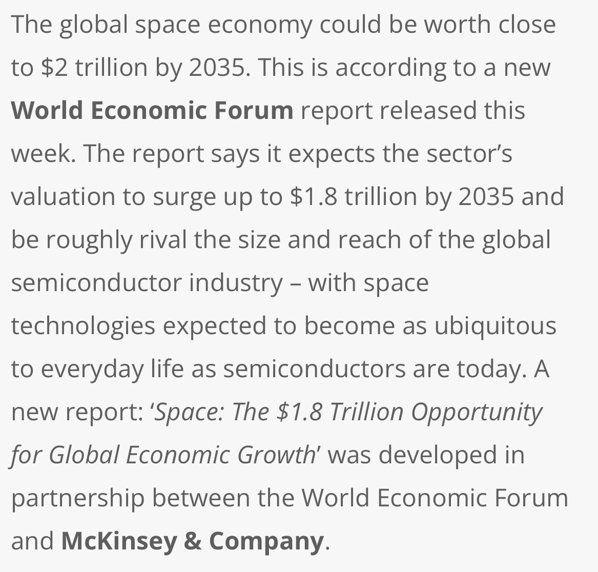 A Poobah at Wold Economic Forum asked a consultant to estimate the future size of 'the global space economy.' After being asked the question, the consultant stood up, locked the door, closed the shades, and then asked the Poobah, 'How big do you want it to be? I'm guessing.'