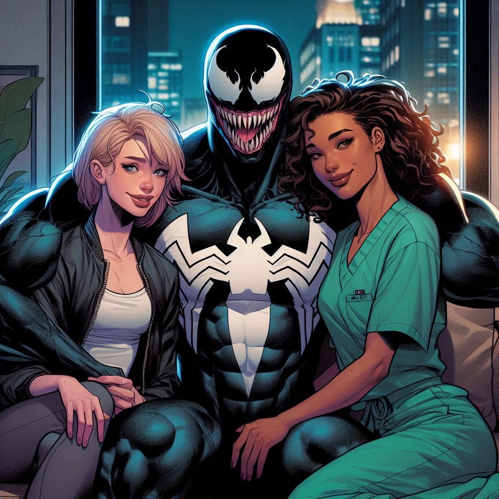 BlackJack89's tweet photo. Looks like both Gwen Stacy and Rio Morales are about to get all 19 Inches of Venom...consensually of course! ...I wonder if they all become a throuple  after this #Venom #GwenStacy #RioMorales #SpiderGwen #MArvelComics #Marvel #AIArtwork #Venomed  #19inches https://t.co/HdD4t5zm2T