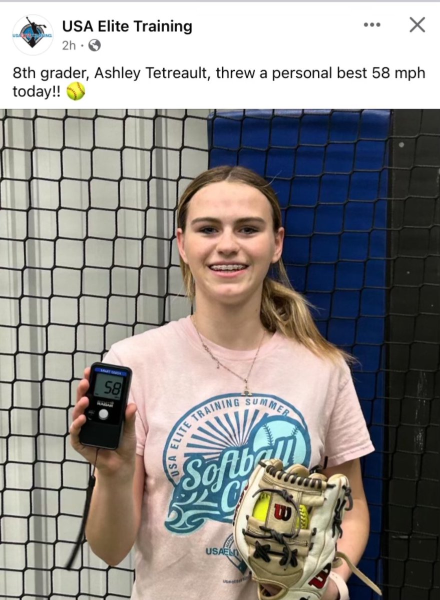 A new record of 58mph! 🥎💪🥎 Hard work really pays off. A special thank you to @USAElite_Jen for all of the help and encouragement. I can’t wait to continue my journey.