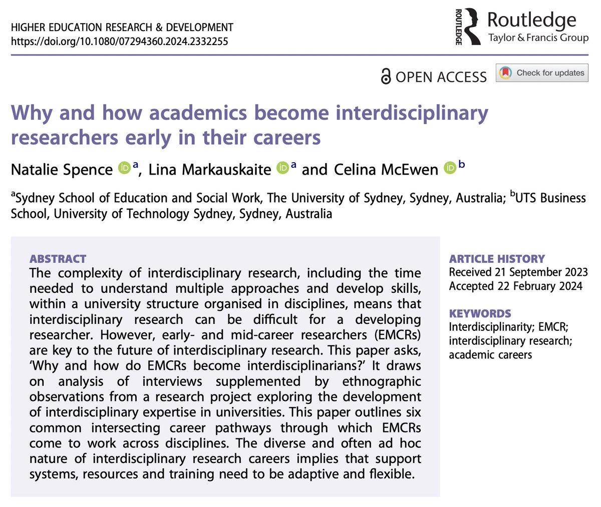 Why and how academics become interdisciplinary researchers early in their careers @Pedepede2 @Markauskaite & @CelinaMcEwen 🔓→ doi.org/10.1080/072943… #HigherEd #ECRs #EarlyCareerResearchers #InterdisciplinaryResearchers #Academics #InterdisciplinaryResearch #AcademicCareers