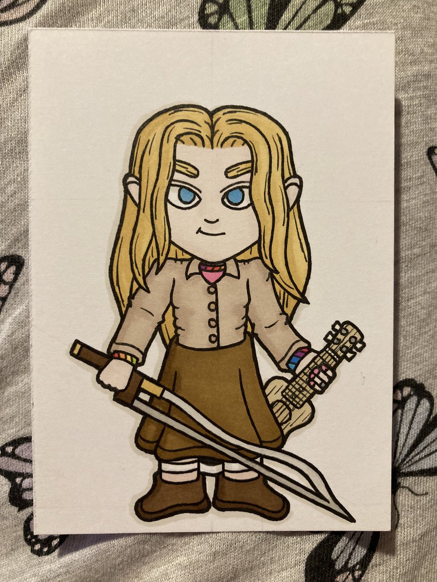 Ceirios Cysgodol, Seeker with The Shy Pirates. A musician recently escaped from her religious upbringing to find her true way in the world. Weirder of the enchanted Bow-Blade. 

My first TTRPG character, re-drawn in my more current art-style. 😊