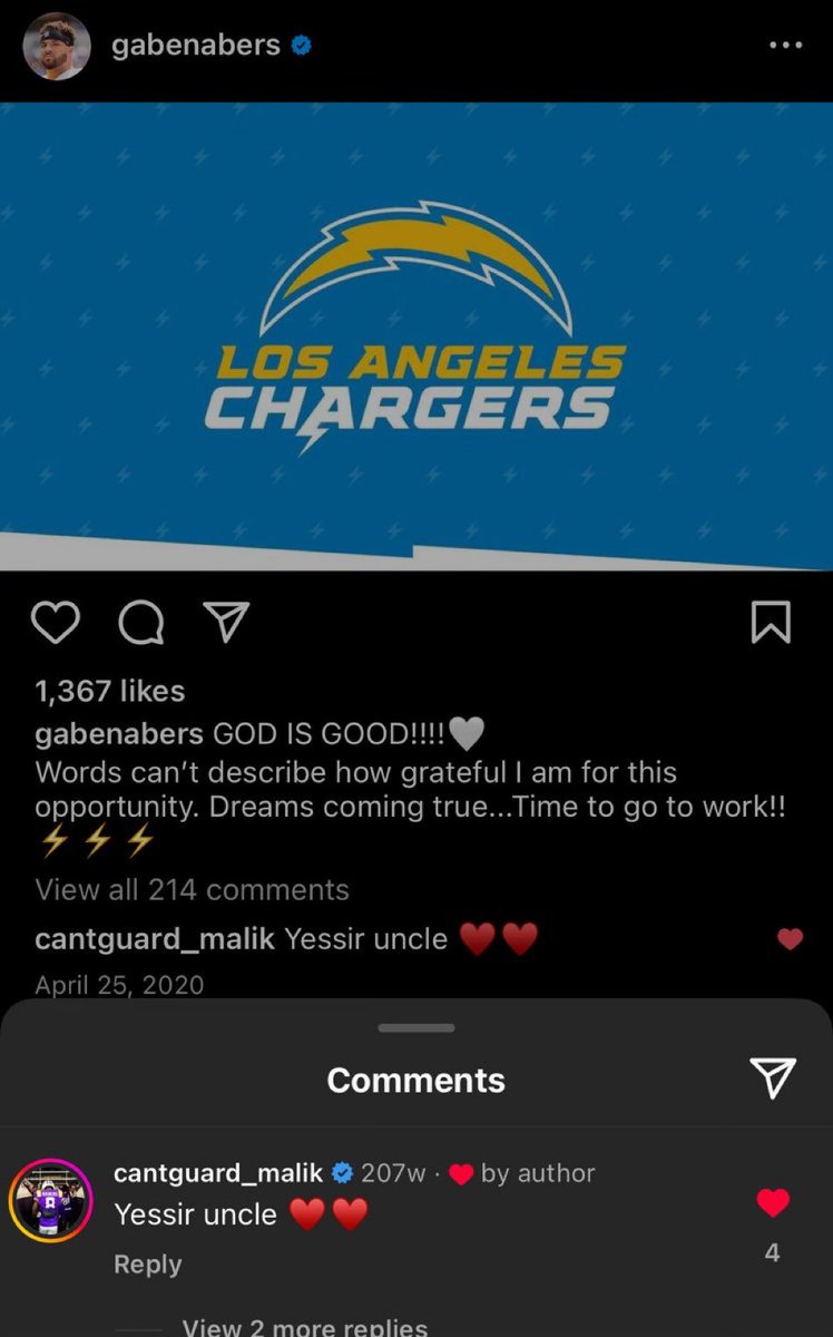 Malik Nabers comments hearts on a post about the #Chargers 👀⚡️