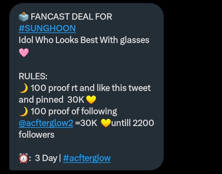 🗳️ FANCAST DEAL FOR #SUNGHOON
Idol Who Looks Best With glasses 🩷

RULES:
🌙 100 proof rt and like this tweet and pinned 30K 💛 
🌙 100 proof of following <a href="/acfterglow2/">acfterglow WTS Fancast</a> = 30K 💛 until 2200 followers

⏰:  3 Day | #acfterglow