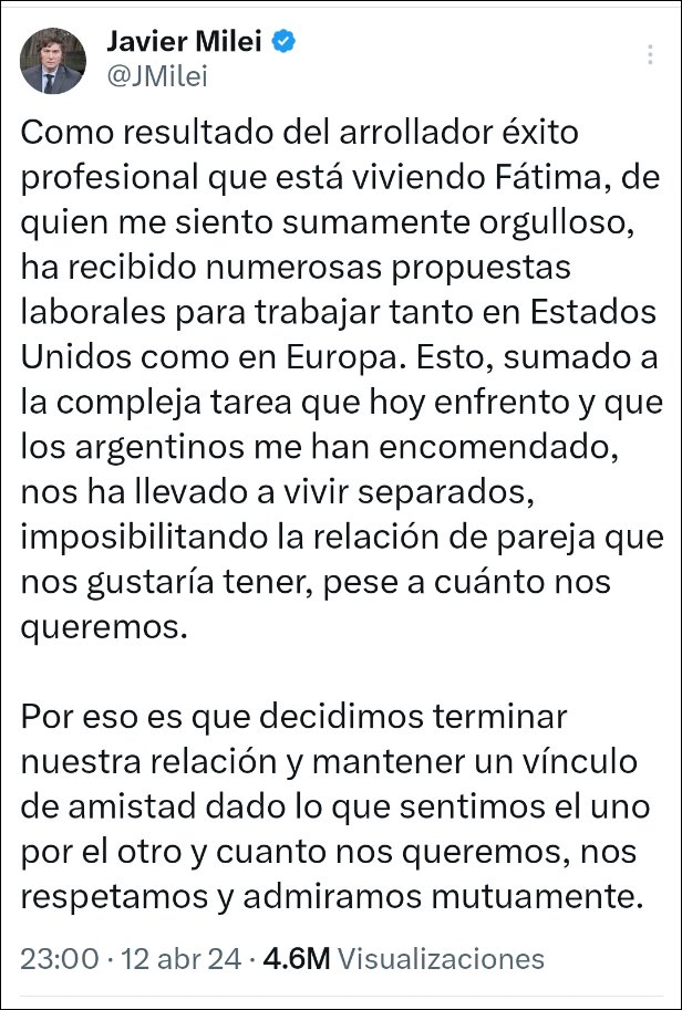 baireznews's tweet photo. Javier Milei, anuncio la roptura de la relación que tenían con Fátima Flores: "decidimos terminar nuestra relación y mantener un vínculo de amistad dado lo que sentimos el uno por el otro y cuanto nos queremos, nos respetamos y admiramos mutuamente." https://t.co/8wtofWJswG