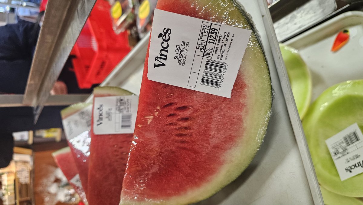 DaniBreau's tweet photo. I'm in the wrong business. I should be a watermelon farmer ! Almost 13 dollars for a quarter watermelon at a local store today.  That means the whole watermelon would sell for between 48 and 52 bucks!
How is this affordable? @Jamie_Schmale  @JustinTrudeau @cafreeland @fordnation https://t.co/yZX1EX6InP