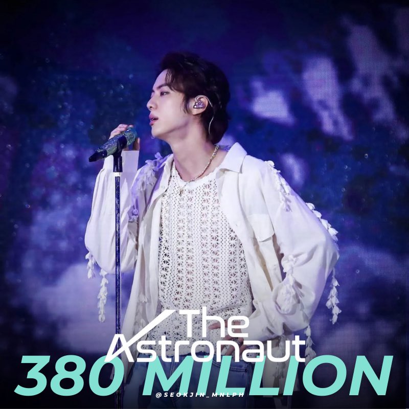 #𝐓𝐡𝐞𝐀𝐬𝐭𝐫𝐨𝐧𝐚𝐮𝐭 by #𝐉𝐈𝐍 has surpassed 380 million streams on Spotify! 🚀 Congratulations Jin! ✨🎉 #TheAstronaut380M