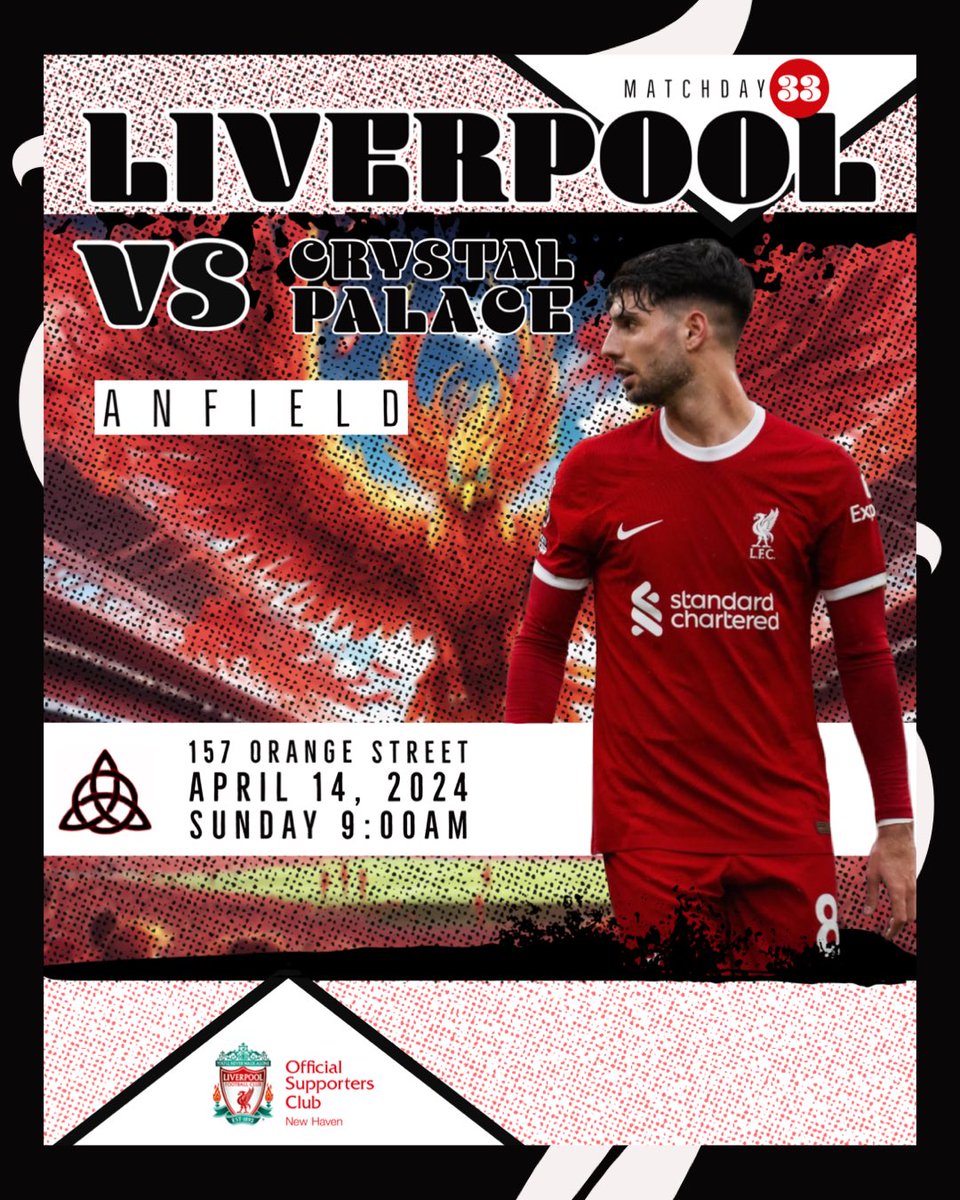 lfcnewhaven's tweet photo. 🔴‼️MATCHDAY 3️⃣3️⃣
⚽️ Liverpool 🆚 Crystal Palace
🗓️ 04.14.2024
⏰ 9:00am
📍@TheTrinityNHV
#Matchday #LFC #YNWA #noroomforracism #Anfield #KOP #reds #LiverpoolFC #LFCNH #LFCnewhaven #ElmCity #NewHaven #StandRed #premierleague #COYR #LIVCRY https://t.co/Gz1x9Vvqvc