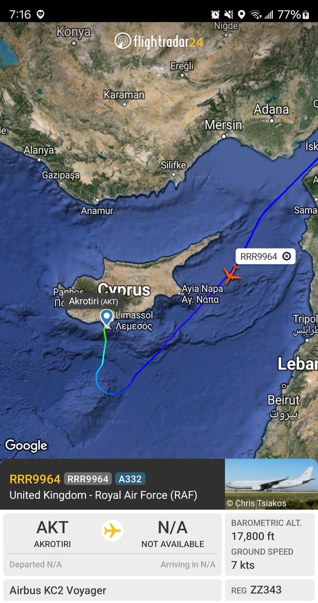 UK: Royal Air Force Airbus KC2 Voyager ZZ343 #43C700 as RRR9964 returning to RAF Akrotiri, Cyprus.