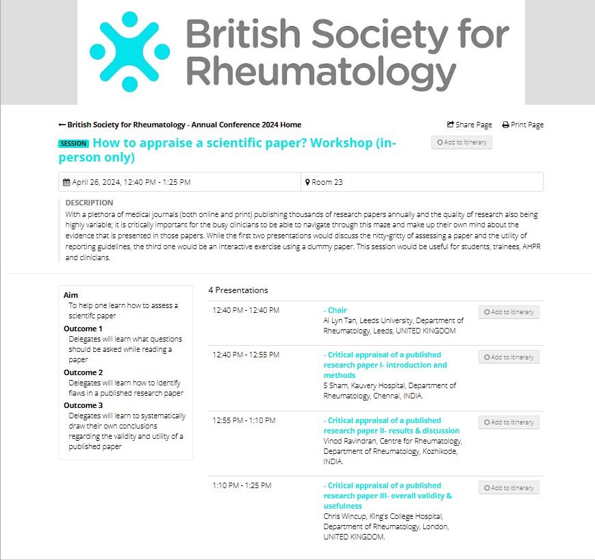 Look up our @RheumJnl workshops at @RheumatologyUK annual meet next week tinyurl.com/BSRW1 Planning Survey Based Studies tinyurl.com/W2BSR How to appraise a scientific paper