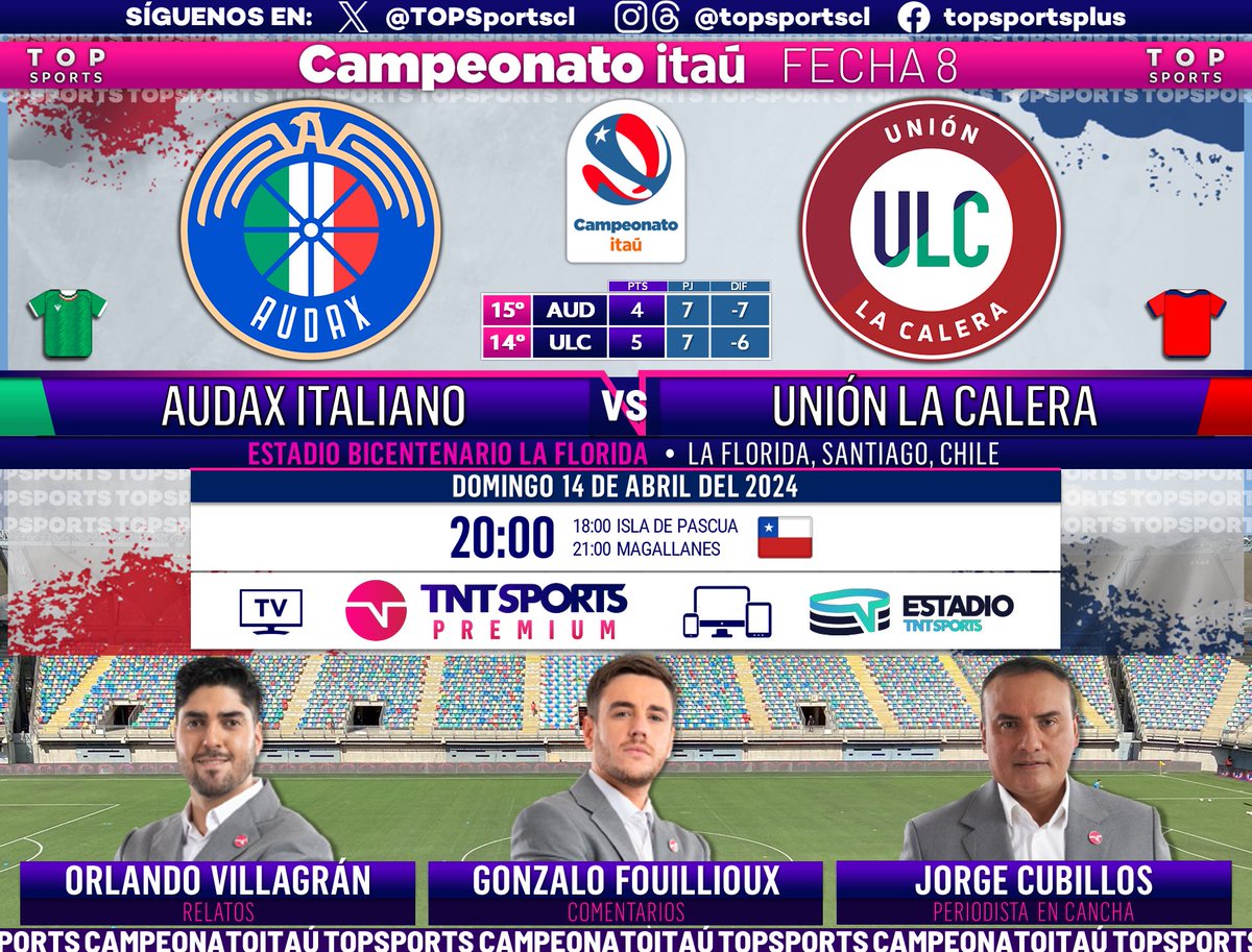 #CampeonatoItaú ⚽️🇨🇱 Fecha 8 #AudaxItaliano - #UniónLaCalera 🎙️ Relatos: @ovillagranok 🎙️ Comentarios: @gonzalofullu 🎙️ Cancha: Jorge Cubillos #⃣ #MachdayDomingo - #TeQuieroVer #CampeonatoPrimera2024 🖥️ @TNTSportsCL Premium 📱💻 cl.estadio.com 🔃❤️