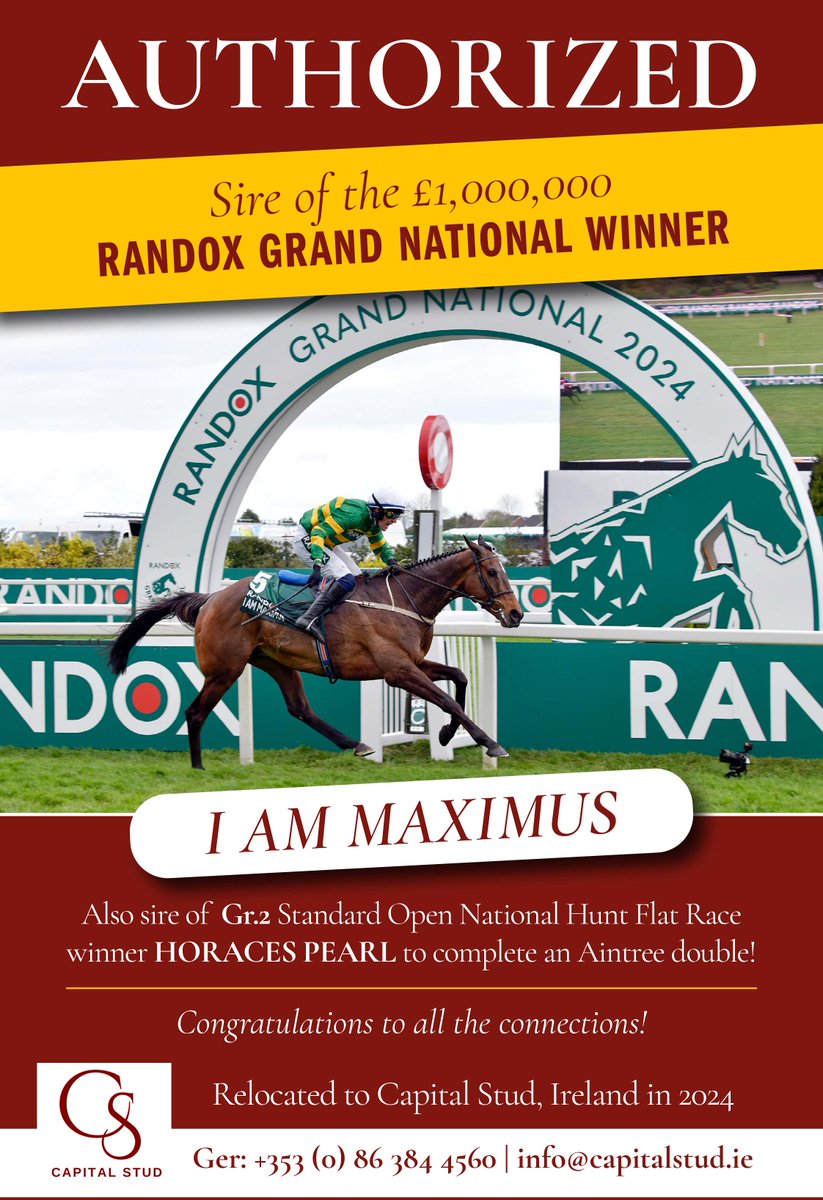 💥 Grand National Festival success for @Capital_Stud's AUTHORIZED 💥 🥇 Sire of the Randox Grand National winner I AM MAXIMUS, as well as Gr.2 Weatherbys Bumper winner HORACES PEARL to complete an @AintreeRaces double! Congrats to all connections 👏 ➡️ capitalstud.ie/authorized