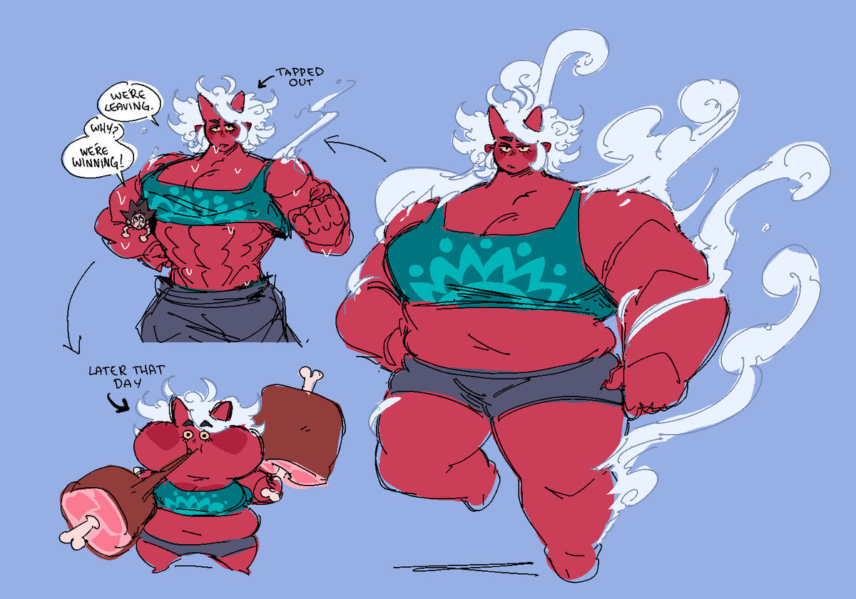 I've always played around with the idea of Red and oni in general having bodies similar to Choji / Fat Gum where they can convert fat into energy, but I never had the heart to fully commit to it.