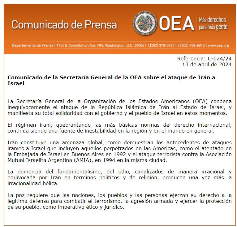 azucenau's tweet photo. La Secretaría General de la #OEA condena inequívocamente el ataque de la República Islámica de Irán al Estado de Israel, y manifiesta su total solidaridad con el gobierno y el pueblo de Israel en estos momentos. https://t.co/SiDgNCCdcX