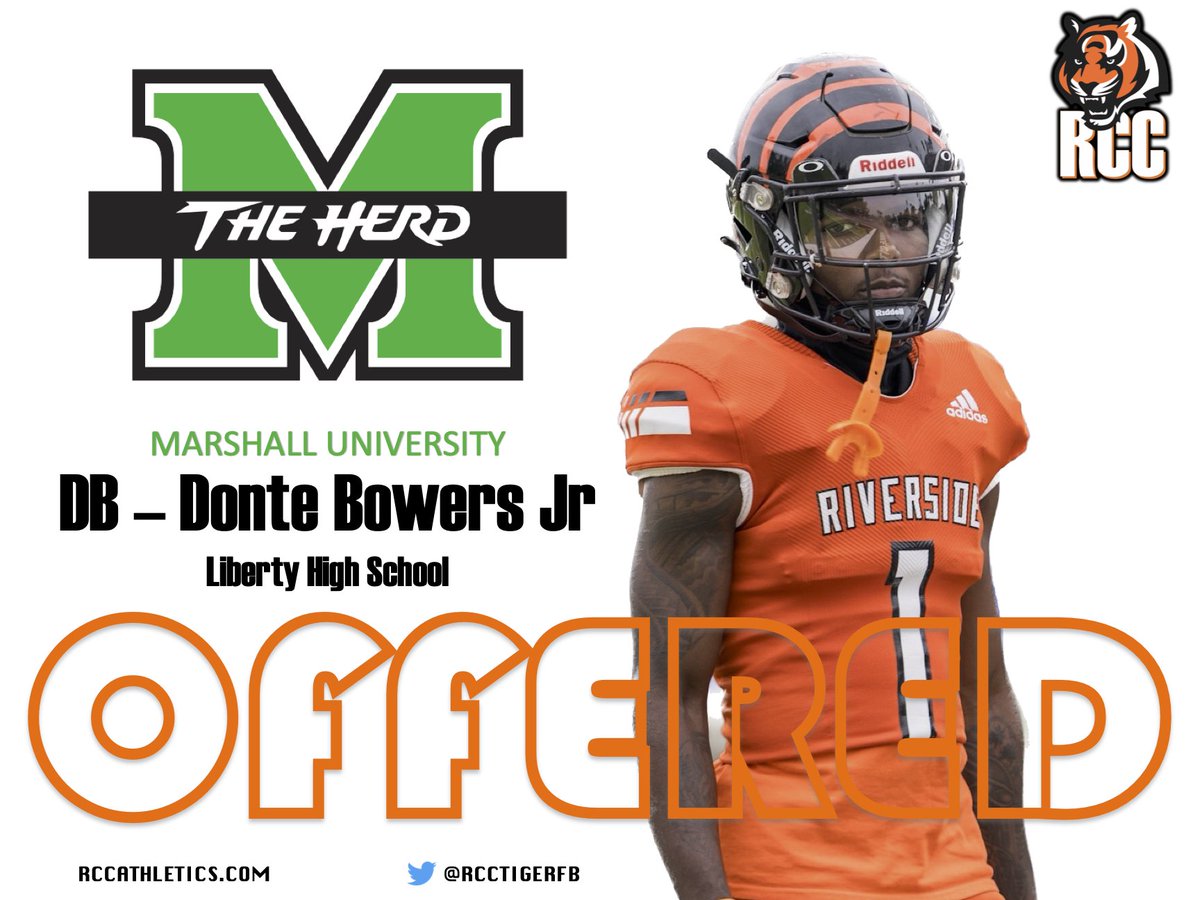 Donte Bowers, Riverside City College DB, has received an offer from 'The Herd' Marshall University @rcc_athletics @RCCTigerFB @Coach_BBrooks @TheDonteBowers #RCCFootball