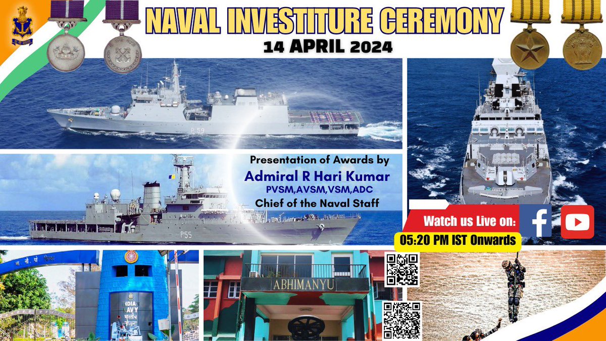 .@IndiannavyMedia
'Witness the Poignant moment of #Duty #Honour #Courage!
📍#Goa  on
🗓 1️⃣4️⃣ April at
🕐0⃣5⃣:2⃣0⃣PM IST

🌟 Join us LIVE 📹for the #NavalInvestitureCeremony 2⃣0⃣2⃣4⃣ as Admiral R Hari Kumar, #CNS, on behalf of the Hon'ble #President of 🇮🇳, will confer #Gallantry…