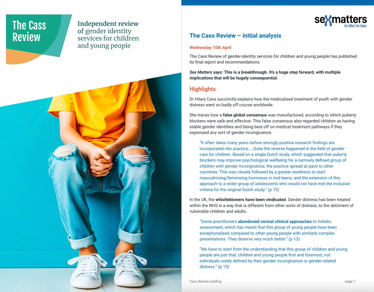 For those who haven’t yet had a chance to read the 388 page #CassReview, this is a great initial analysis by @SexMattersOrg. 👉 ‘Dr Hilary Cass explains how the medicalised treatment of youth with gender distress went so badly off course worldwide.’ 👉 ‘She traces how a false…