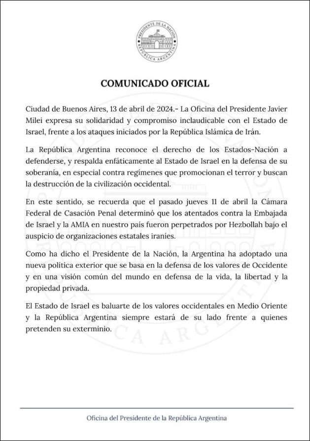 baireznews's tweet photo. La oficina presidencial, emitió un comunicado de prensa, apoyando al Estado de Israel, tras el ataque por parte de Irán https://t.co/Kli9F0V0lp
