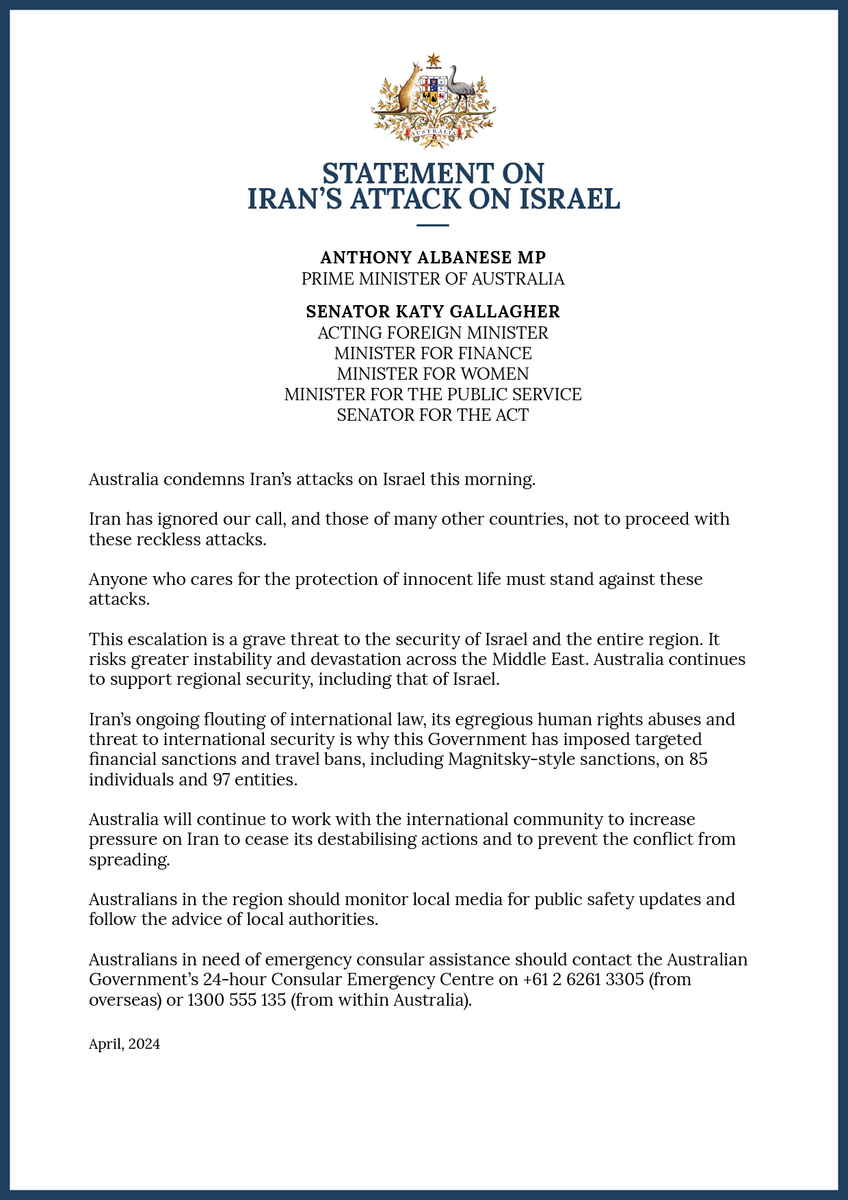 My statement on Iran's attack on Israel.