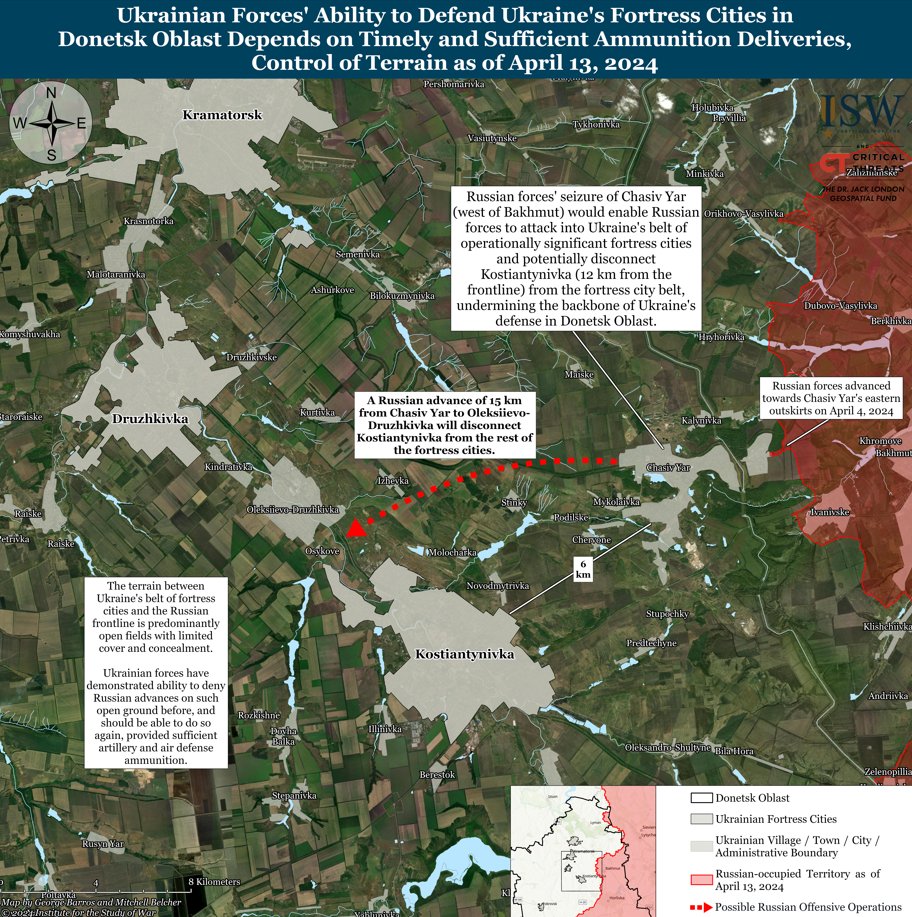 NEW: Tonight's Russian Offensive Campaign Assessment considers several most dangerous courses of action (MDCOAs) that could occur if Ukrainian forces continue to suffer from critical shortages in essential artillery, air defense, and other munitions and systems. (1/4)