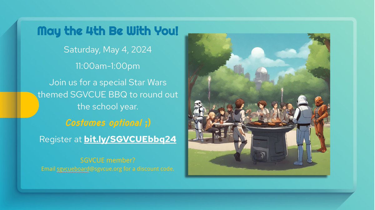 SGVCUE's last event of the 23-24 school year. Join us for our family picnic. We want to welcome you to this event. We're here to answer any question about SGVCUE. Register at bit.ly/SGVCUEbbq24